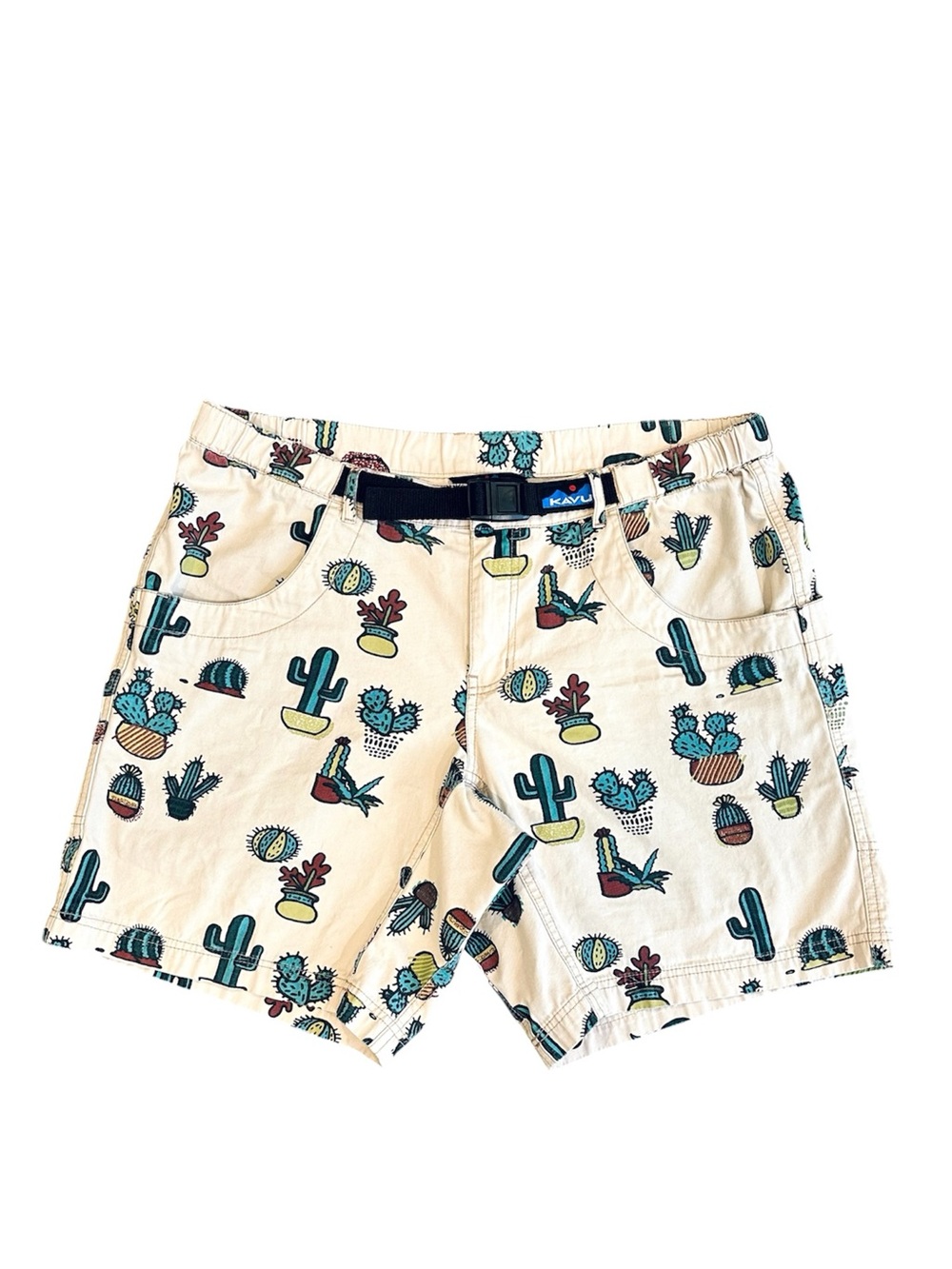 KAVU Men’s Chilli Lite Shorts Novelty Cactus Print Size Large With Built in Belt